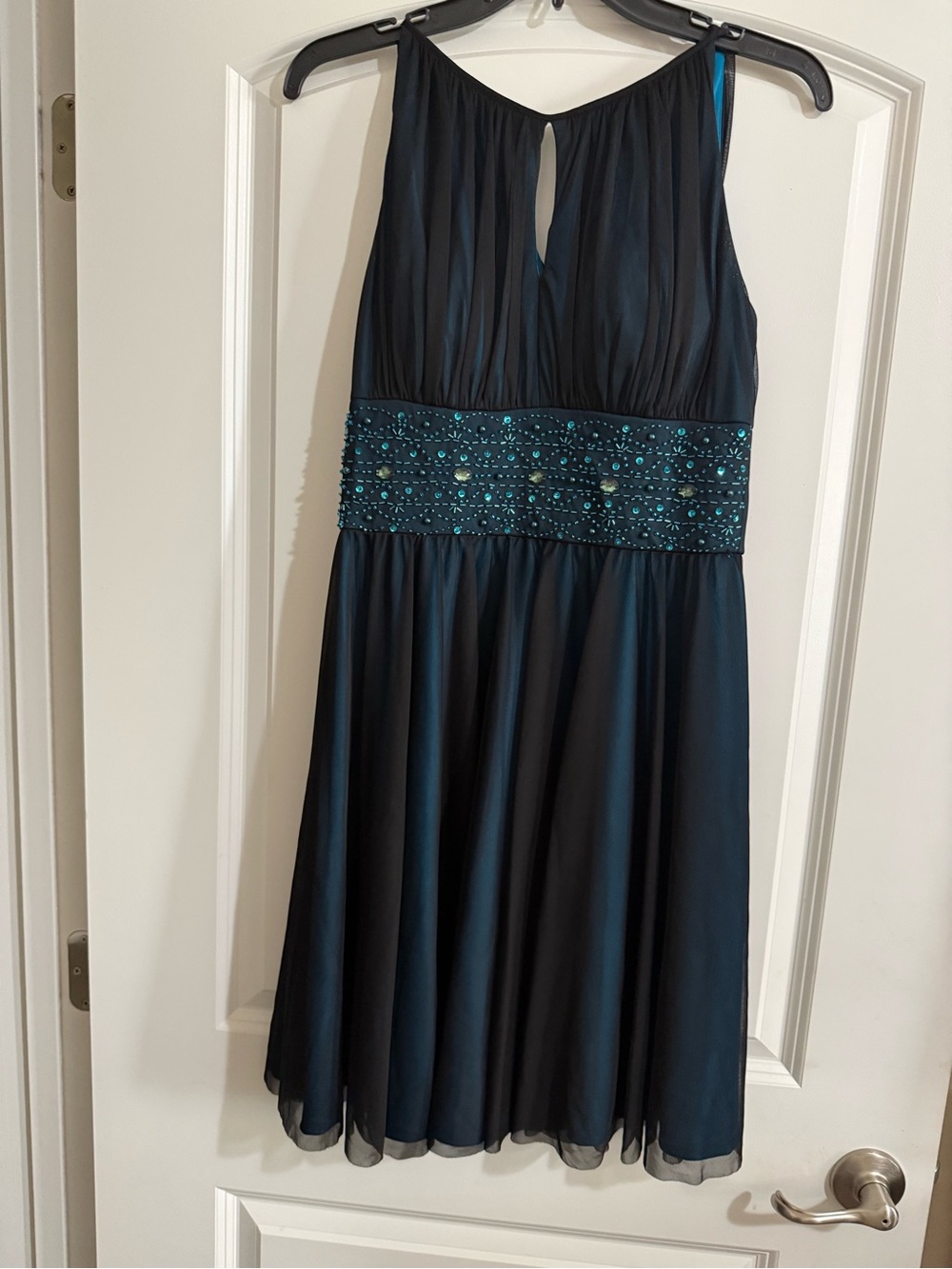 Jessica Howard Teal Beaded Waist Formal A-Line Dress